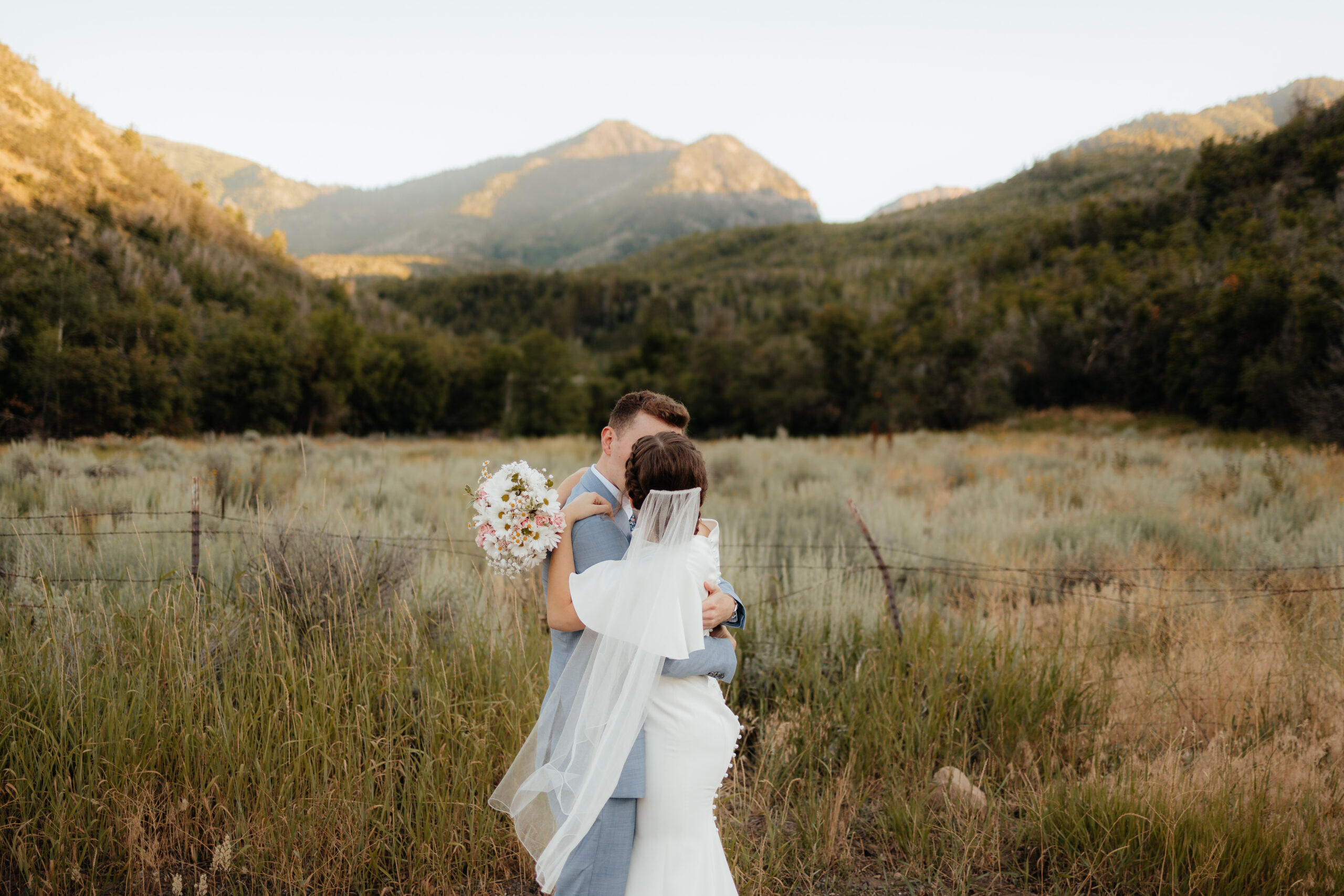 Bride and groom at their first look session in provo canyon