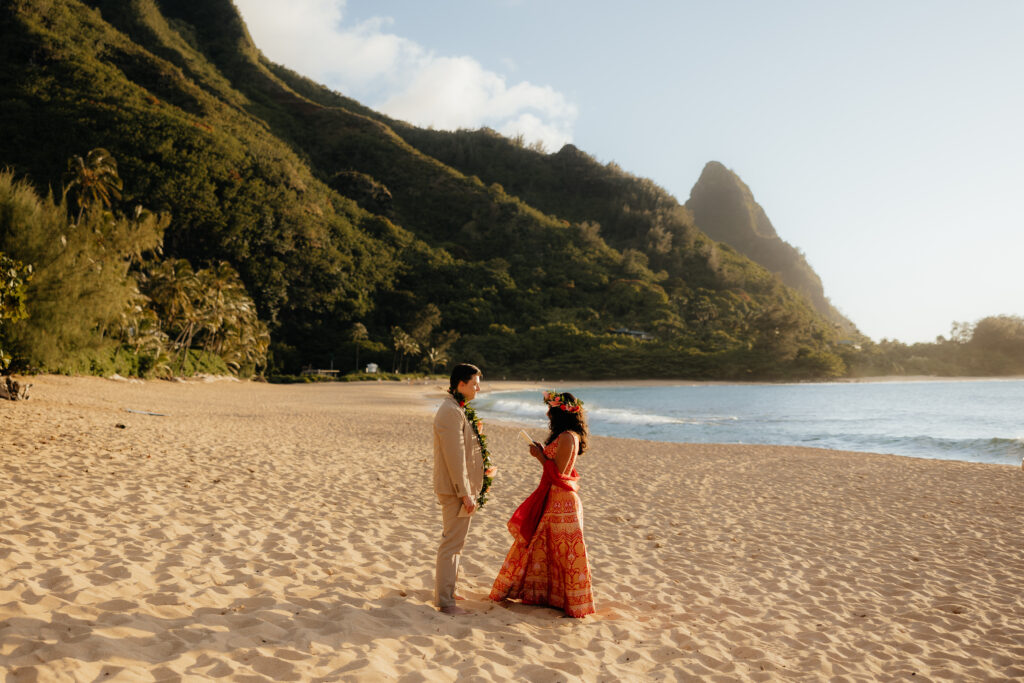 Bride and groom sharing sweet moments during their Kauai elopement in Hawaii